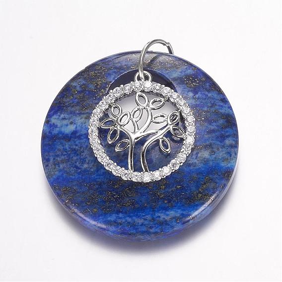 Gemstone Pendants, with Brass Rhinestone Finding, Flat Round & Tree, Platinum