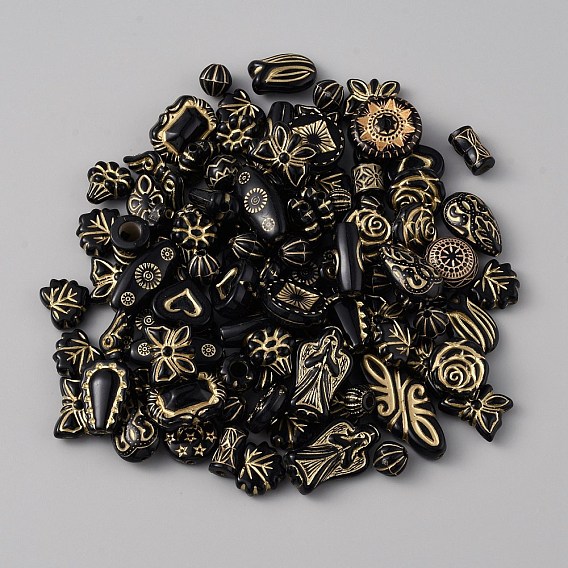 Plating Transparent Acrylic Beads, Golden Metal Enlaced, Mixed Shape