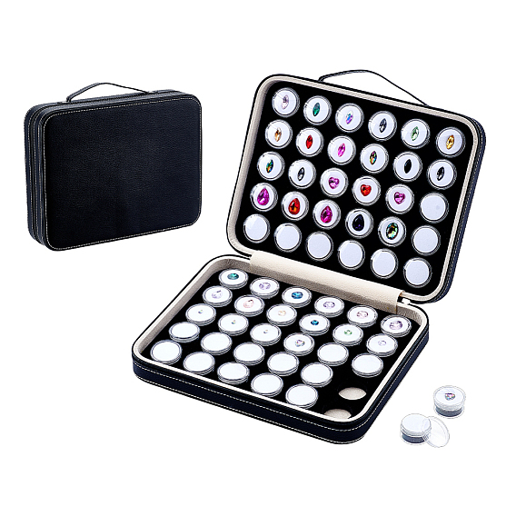 Круглые пластиковые футляры с россыпью бриллиантов, с губкой внутри, с прямоугольными ручками-молниями из искусственной кожи