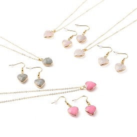 Mixed Natural Gemstone Heart Dangle Earrings & Pendant Necklaces Jewelry Sets, with Brass Findings, Golden