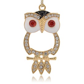 Shining Golden Plated Alloy Rhinestone Owl Big Pendants for Halloween Jewelry, with Enamel, 57x29x4mm, Hole: 3mm