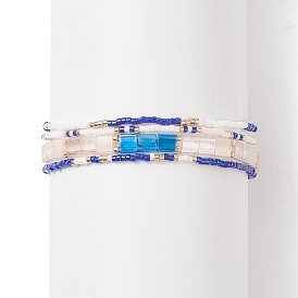 4Pcs 4 Style Glass Seed Beaded Stretch Bracelets Set, Stackable Bracelets for Women