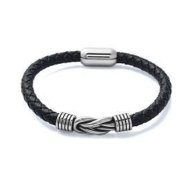 Men's Braided Black PU Leather Cord Bracelets, Knot 304 Stainless Steel Link Bracelets with Magnetic Clasps