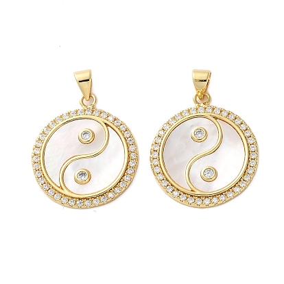 Латунные микро проложить кубического циркония подвески, с оболочкой, плоский круг с китайскими амулетами тайцзи, стойки покрытие, прочное покрытие, без кадмия и без свинца