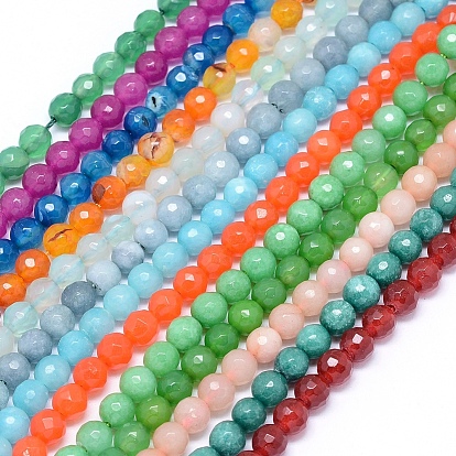 Natural Jade Beads Strands, Round, Faceted, Dyed