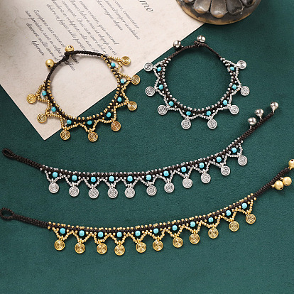 Браслеты с подвесками из сплава латуни и вощеного шнура в богемном стиле, плоско-круглые, с синтетическими бирюзовый