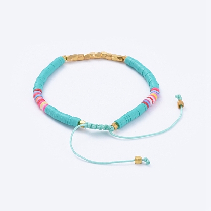 Adjustable Braided Bead Bracelets, with Handmade Polymer Clay Heishi Beads and Brass Beads
