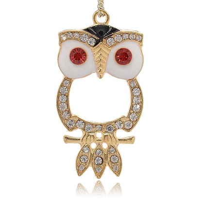 Shining Golden Plated Alloy Rhinestone Owl Big Pendants for Halloween Jewelry, with Enamel, 57x29x4mm, Hole: 3mm