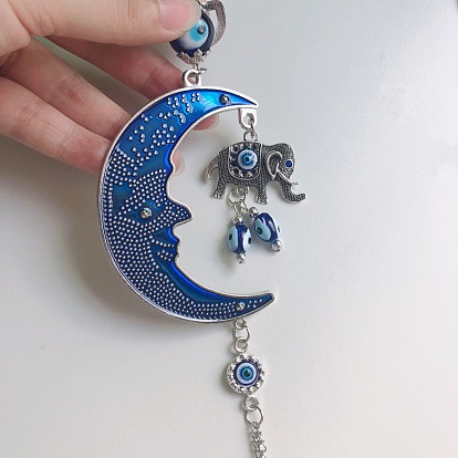 Evil Eye Moon Elephant Disk Amulet Lucky Charm, Wall Hanging Glass Pendant Blessing Protection Decor