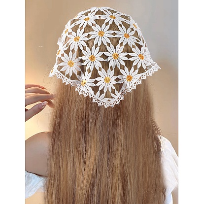 Flower Decor Triangle Crochet Bandanas, Hollow Out Headwear Headband, Boho Floral Embroidered Kerchief