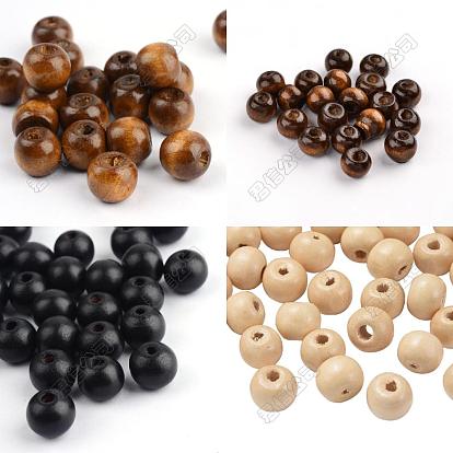 400Pcs 4 Styles  Natural Wood Beads, Round, Dyed