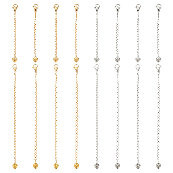 16 шт. 4 стили 304 конец из нержавеющей стали с цепями, сердце, с 304 из нержавеющей стали Lobster Claw застежками