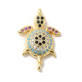 Rack Plating Brass Micro Pave Colorful Cubic Zirconia Connector Charms, Turtle Links, Long-Lasting Plated, Lead Free & Cadmium Free