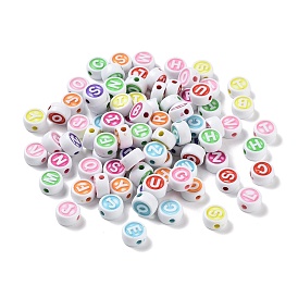 Craft Style Opaque Acrylic Beads, Flat Round with Letter