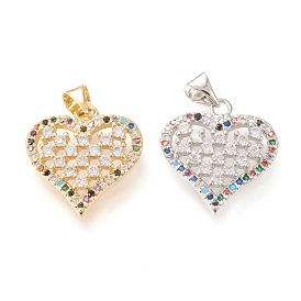 Brass Micro Pave Clear Cubic Zirconia Pendants, Long-Lasting Plated, Heart, Colorful