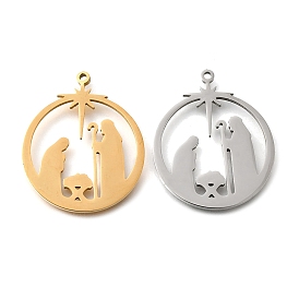 304 подвески из нержавеющей стали, плоский круглый с подвеской в виде рождественской сцены, лазерная резка