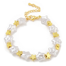 Rack Plating Brass and ABS Imitation Pearl Bracelets, Cadmium Free & Lead Free, Long-Lasting Plated, Star