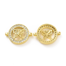 Rack Plating Brass Micro Pave Clear Cubic Zirconia Connector Charms, Long-Lasting Plated, Cadmium Free & Lead Free, Flat Round Links with Butterfly Pattern