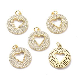  Brass Micro Pave Clear Cubic Zirconia Pendants, with Jump Ring, Long-Lasting Plated, Flat Round with Heart