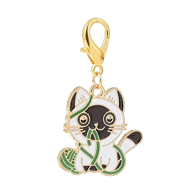 Cat with Yarn Ball Alloy Enamel Pendants Decorations, Lobster Clasp Charms, for Keychain, Purse, Backpack Ornament, Golden