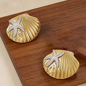 Двухцветные 304 серьги-гвоздики из нержавеющей стали, С жемчужиной смолы, в форме раковины с морской звездой