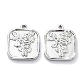 304 Stainless Steel Pendants, Square with Flower Charm