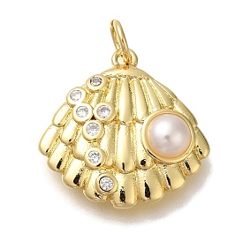 Rack Plating Brass Micro Pave Cubic Zirconia Pendants, with Glass Pearlized Beads, Cadmium Free & Lead Free, Long-Lasting Plated, Shell Shape