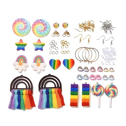 Kits de fabrication de boucles d'oreilles diy arc-en-ciel, y compris pompon en polycoton et argile polymère et alliage et cuir pu et pendentifs en acrylique et en plastique, polymère perles d'argile, crochets d'oreille en laiton et boucles d'oreilles créoles