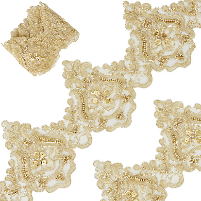 3 Yards Polyester Embroidery Flower Ribbon, with Rhinestone, for Clothes Sewing