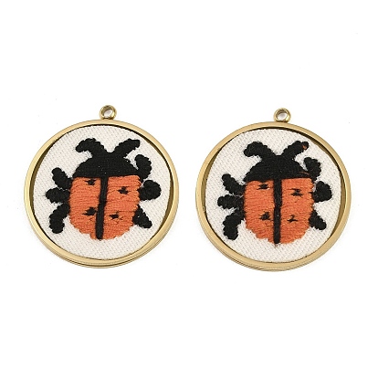 304 Colgantes de acero inoxidable y bordados, plano redondo con dijes de chinches, naranja oscuro, revestimiento de iones (ip), larga duración plateado