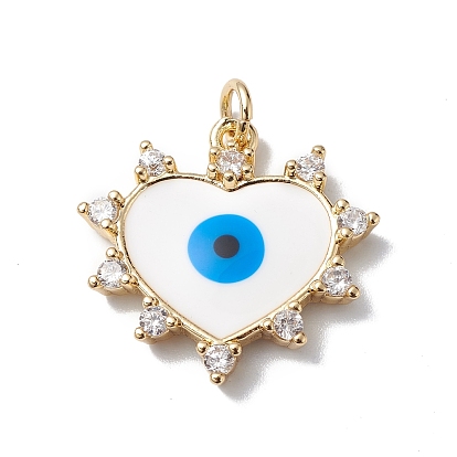 Brass Micro Pave Cubic Zirconia Pendants, with Enamel & Jump Ring, Cadmium Free & Lead Free, Real 18K Gold Plated, Long-Lasting Plated, Sacred Heart with Evil Eye Charm