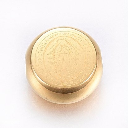 304 Stainless Steel Beads, Flat Round with Madonna