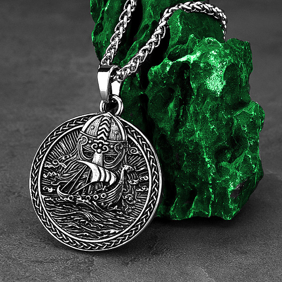 304 Stainless Steel Viking Longship Medal Pendant Necklaces for Unisex