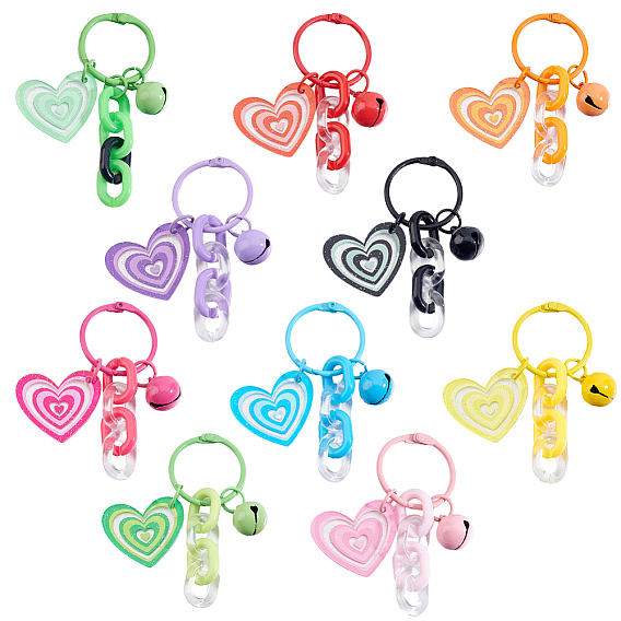 10Pcs 10 Colors Acrylic Heart Pendant Decorations, with Bell