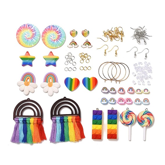 DIY Rainbow Dangle Earring Making Kits, Including Polycotton Tassel & Polymer Clay & Alloy & PU Leather & Acrylic & Plastic Pendants, Polymer Clay Beads, Brass Earring Hooks & Hoop Earrings