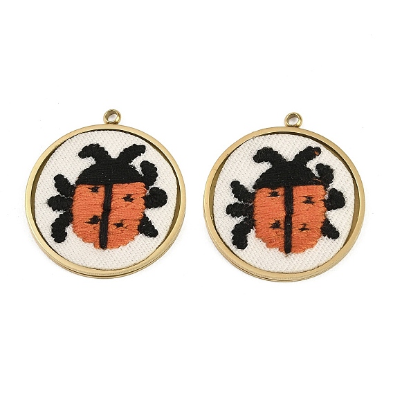 304 Stainless Steel & Embroidered Pendants, Flat Round with Laybug Charms, Dark Orange, Ion Plating(IP), Long-Lasting Plated
