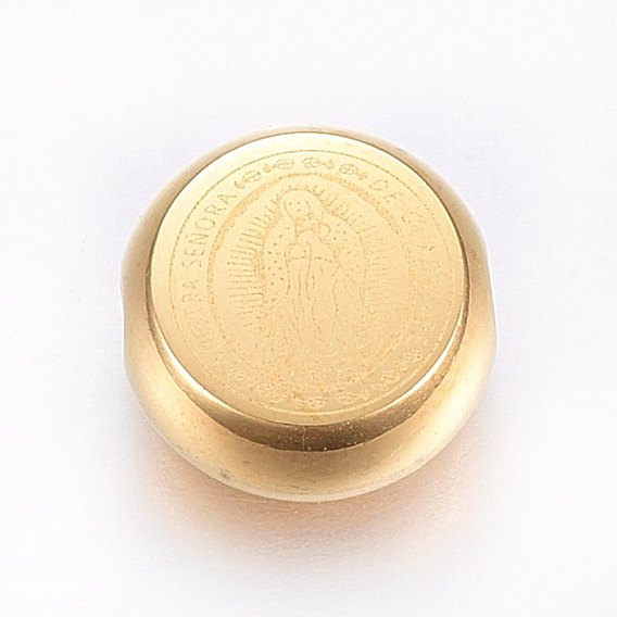 304 Stainless Steel Beads, Flat Round with Madonna