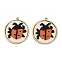 304 Stainless Steel & Embroidered Pendants, Flat Round with Laybug Charms, Dark Orange, Ion Plating(IP), Long-Lasting Plated