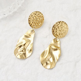 304 серьги-гвоздики в форме капли из нержавеющей стали с плоскими круглыми подвесками, кованый текстурированный