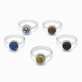 Electroplate Natural Druzy Agate Crystal Finger Rings, with Brass Findings, Lead Free & Cadmium Free, Long-Lasting Plated, Flat Round, Size 7