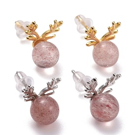 925 Sterling Silver Antlers Stud Earrings, Strawberry Quartz Crystal Round Beads Dainty Earrings