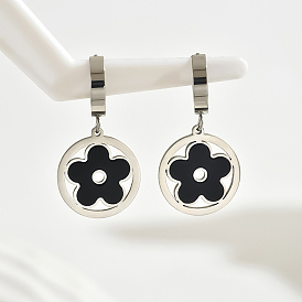 Stainless Steel Inlaid Shell Flower Hollow Hoop Earrings for Elegant French Style Lady