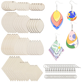 2 наборы незаконченных деревянных заготовок для изготовления сережек-подвесок, с железной фурнитурой, разнообразные