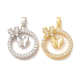 Brass Micro Pave Clear Cubic Zirconia Pendants, Flat Round with Butterfly Charms