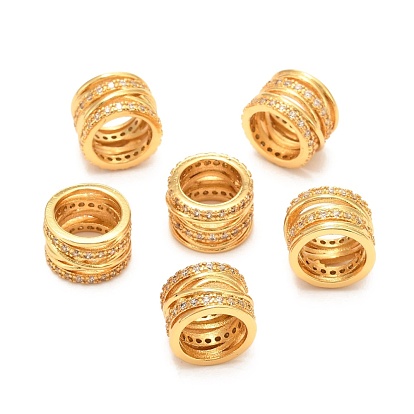 Brass Micro Pave Clear Cubic Zirconia European Beads, Long-Lasting Plated, Large Hole Bead, Column