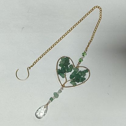Colgante decorativo de cristal y aventurina verde natural, con 304 fornituras de acero inoxidable, corazón