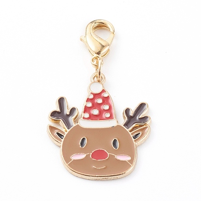 Pendentifs en alliage d'émail sur le thème de Noël, avec fermoirs mousquetons en laiton  , wapiti avec chapeau de noël