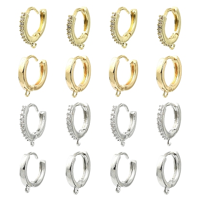 16шт. 4 стили латунные микропаве прозрачные кубические цирконии фурнитура для сережек-колец Huggie, долговечный, плоско-круглые