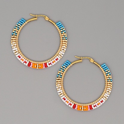 Bohemian Colorful Geometric Beaded Handmade Large Circle Earrings