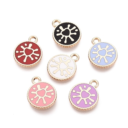 Alloy Enamel Pendants, Rack Plating, Flat Round & Heart Charms, Golden